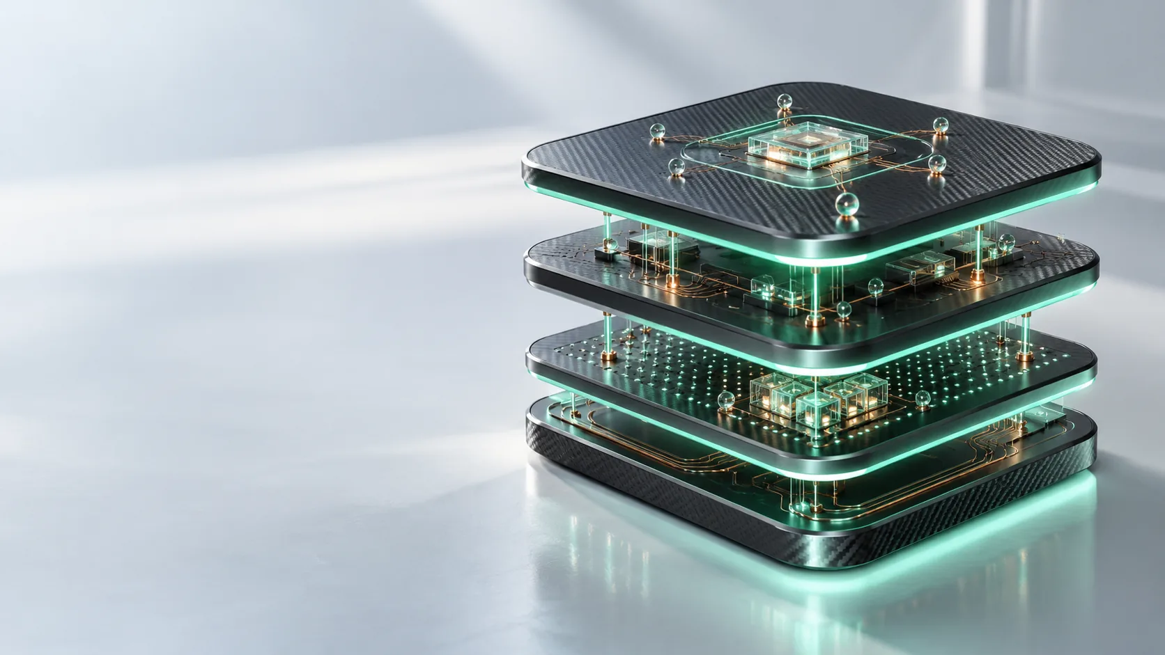 Four layered carbon-fiber panels edged with mint light and copper circuitry